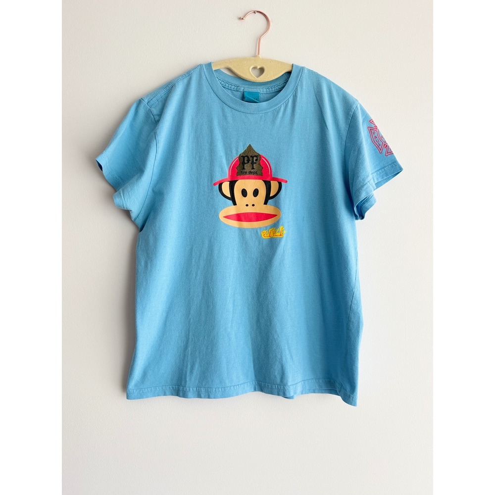 VTG Paul Frank Julius Monkey Firefighter Graphic Shrunken T-Shirt Blue Y2K M